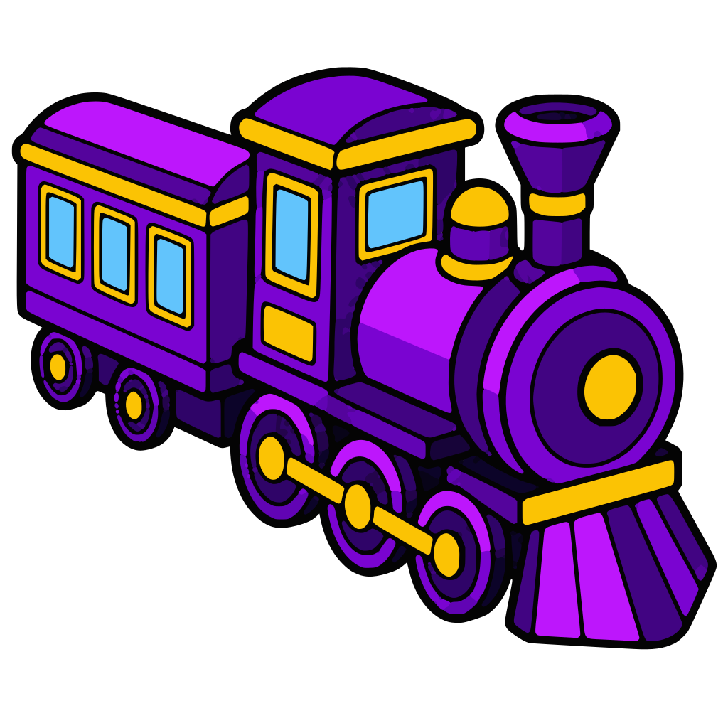 3D purple train with thick dark purple shadow with solid style with pixel style